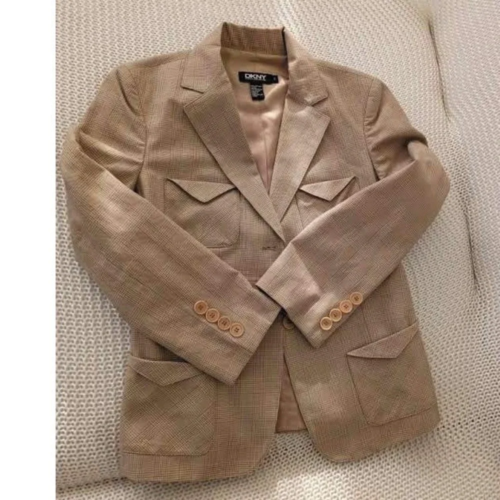 DKNY‎ Glen Plaid Tailored Blazer Tan Cotton NWOT Size 2 Classic Minimalist